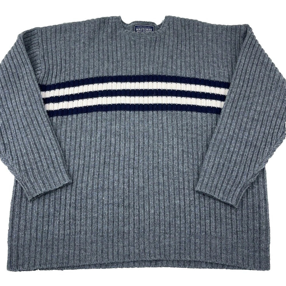 Britches Sweater Men XL Gray Wool Knit Ribbed Heavy Stripe VTG Y2K Camp Grandpa